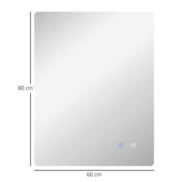 KLEANKIN - Miroir rectangulaire mural lumineux LED de salle de bain - 80 x 60 cm - 3 couleurs, luminosité réglable interrupteur tactile système antibuée blanc transparent - large