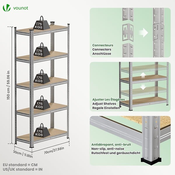 VOUNOT - Lot de 2 Etagères de rangement charge lourde robuste à 5 niveaux 70x30x150cm - large
