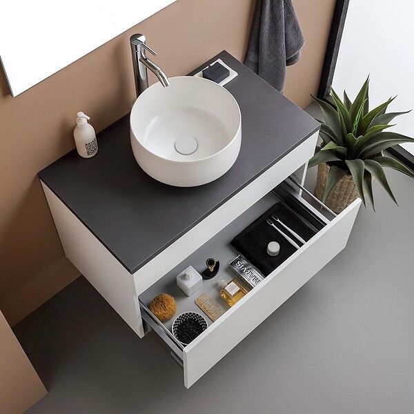 KIAMAMI VALENTINA - Meuble De Salle De Bains Sous Vasque 80Cm Suspendu Moderne Blanc Et Anthracite | Sole - large