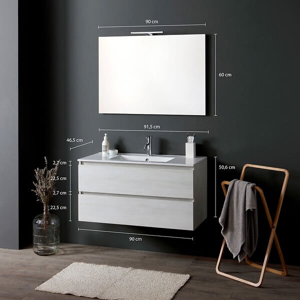 KIAMAMI VALENTINA - Meuble De Salle De Bains Suspendu 90 Cm Avec Tiroirs Blanc Effet Bois | Berlin - large