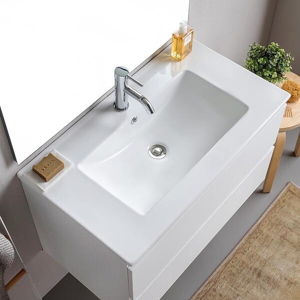 KIAMAMI VALENTINA - Meuble De Salle De Bains Suspendu 80Cm 2 Tiroirs Blanc Avec Miroir 80X110 | Bilbao - large
