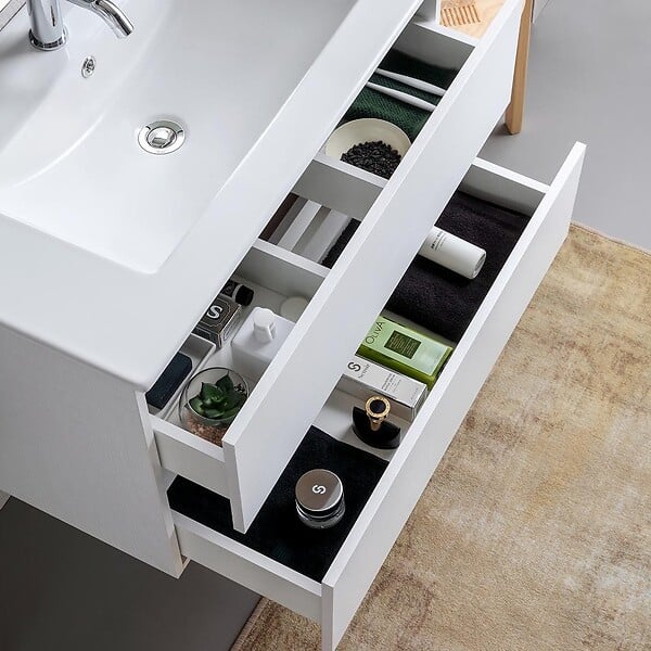 KIAMAMI VALENTINA - Meuble De Salle De Bains Suspendu 80Cm 2 Tiroirs Blanc Avec Miroir 80X110 | Bilbao - large