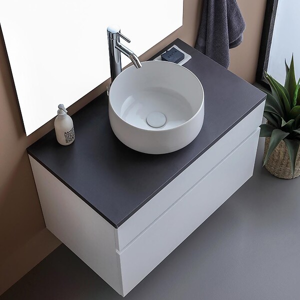 KIAMAMI VALENTINA - Meuble De Salle De Bains Suspendu 80Cm Blanc Avec Top Anthracite | Sole - large