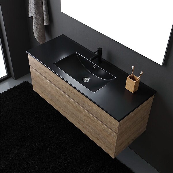 KIAMAMI VALENTINA - Meuble De Salle De Bain Cm120 En Chêne Aspect Bois Avec Lavabo Noir Mat Et Miroir | Sole - large