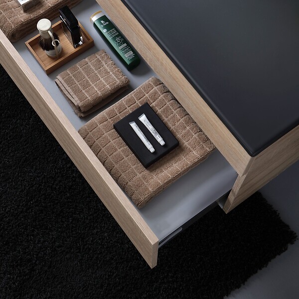 KIAMAMI VALENTINA - Meuble De Salle De Bain Cm120 En Chêne Aspect Bois Avec Lavabo Noir Mat Et Miroir | Sole - large