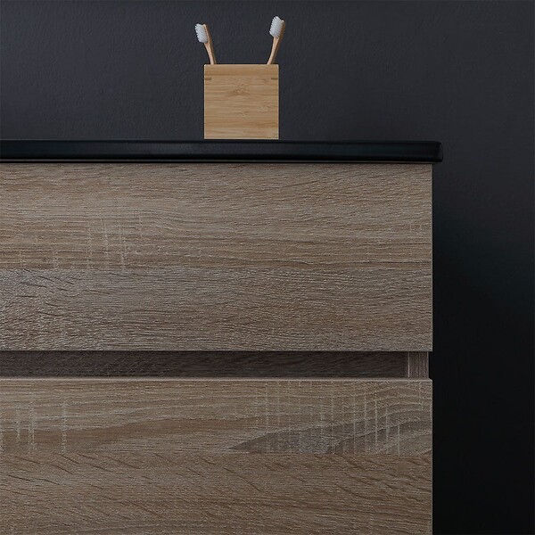 KIAMAMI VALENTINA - Meuble De Salle De Bain Cm120 En Chêne Aspect Bois Avec Lavabo Noir Mat Et Miroir | Sole - large