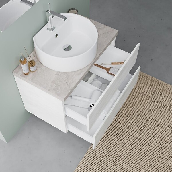 KIAMAMI VALENTINA - Meuble-Lavabo Suspendu 80Cm Chêne Blanc Et Beton, Meuble Lavabo | Elba - large