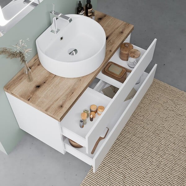 KIAMAMI VALENTINA - Meuble De Salle De Bain Blanc Brillant 100Cm Lavabo À Poser Et Miroir À Led | Elba - large
