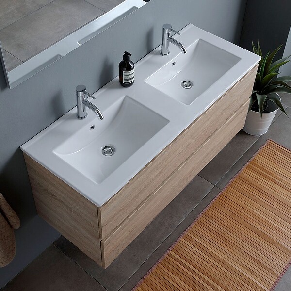 KIAMAMI VALENTINA - Double Lavabo Mural Meuble De Salle De Bain Avec Tiroirs Chêne Naturel 120Cm | Berlin - large