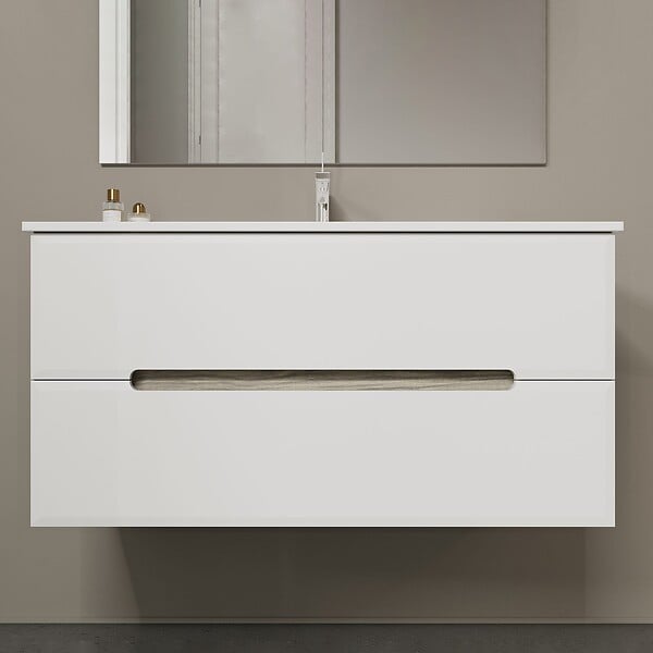KIAMAMI VALENTINA - Meuble De Salle De Bain Tiroirs Blanc Mat Et Bois Gris 100Cm | Magnolia - large