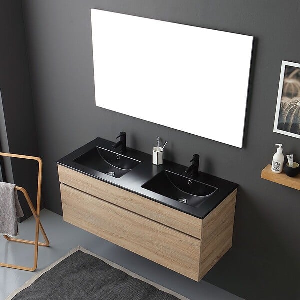 KIAMAMI VALENTINA - Meuble De Salle De Bain 120Cm En Chêne Well Avec Double Lavabo En Noir Mat | Sole - large