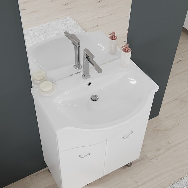 KIAMAMI VALENTINA - Meuble De Salle De Bain Sur Pieds 65Cm 2 Portes Blanc Brillant, Miroir Avec Led | Easy - large