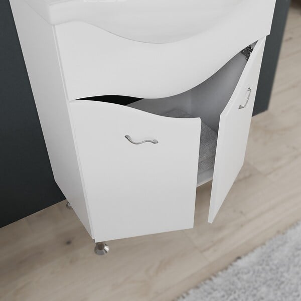 KIAMAMI VALENTINA - Meuble De Salle De Bain Sur Pieds 65Cm 2 Portes Blanc Brillant, Miroir Avec Led | Easy - large