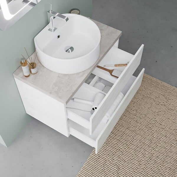 KIAMAMI VALENTINA - Meuble Sous-Vasque Suspendu 80 Cm Chêne Blanc Et Miroir 80X60 Led | Elba - large