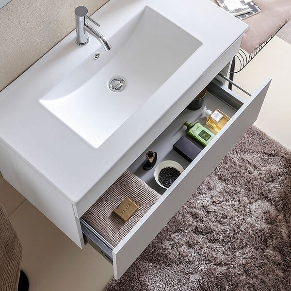 KIAMAMI VALENTINA - Meubles De Salle De Bains Suspendus Cm90 Blanc Effet Bois Et Miroir Rétro-Éclairé | Sole - large
