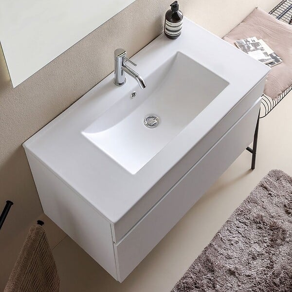 KIAMAMI VALENTINA - Meubles De Salle De Bains Suspendus Cm90 Blanc Effet Bois Et Miroir Rétro-Éclairé | Sole - large