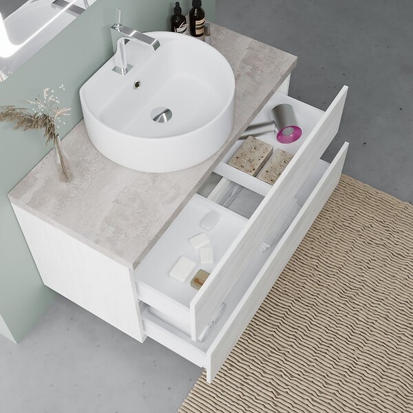KIAMAMI VALENTINA - Armoire De Toilette Murale 100Cm Chêne Et Beton, Vasque À Poser, Miroir À Led | Elba - large