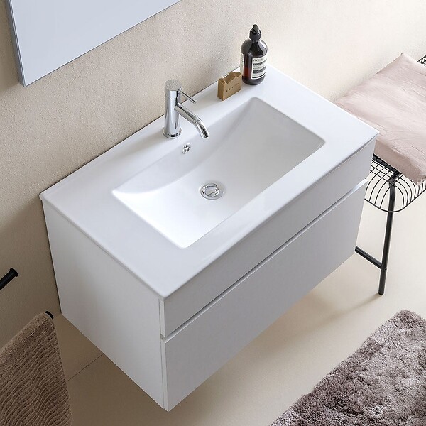 KIAMAMI VALENTINA - Meuble De Salle De Bains Suspendu De 80 Cm Blanc Effect Bois | Sole - large