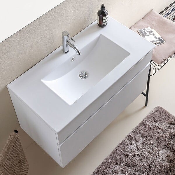 KIAMAMI VALENTINA - Armoire De Salle De Bains Suspendue 90Cm Lavabo Blanc Et Miroir | Sole - large
