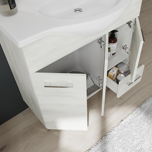 KIAMAMI VALENTINA - Meuble De Salle De Bain Sur Pieds Cm85 Avec Portes Et Tiroirs Chêne Blanc | Rimini - large