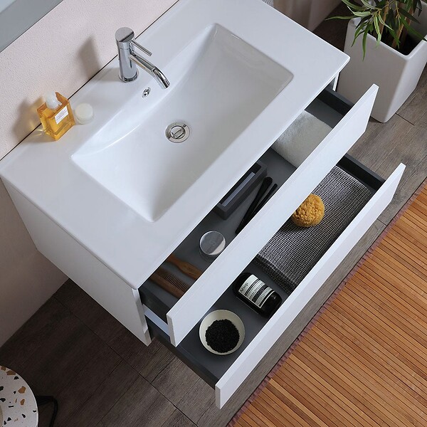 KIAMAMI VALENTINA - Meuble De Salle De Bains 80 Cm Avec Deux Tiroirs En Bois Blanc, Lavabo En Céramique | Berlin - large