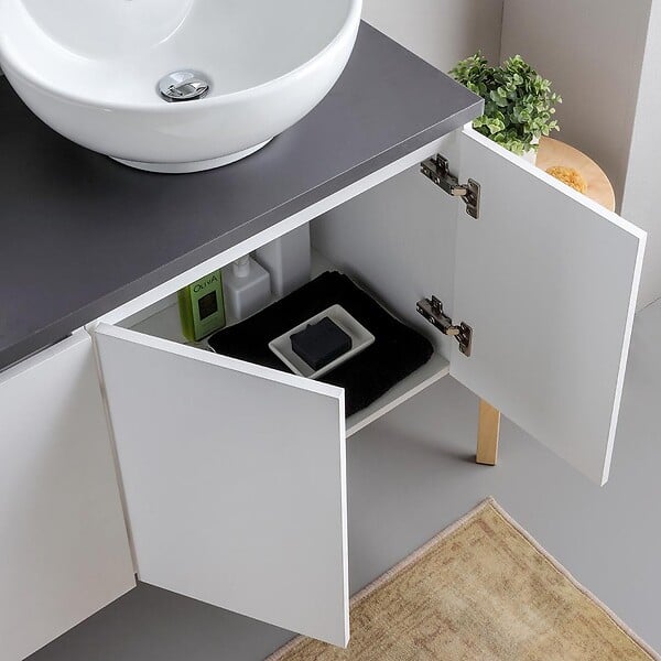 KIAMAMI VALENTINA - Meuble De Salle De Bains Suspendu 120Cm Blanc Bois Avec Plateau Anthracite Et Miroir | Bilbao - large