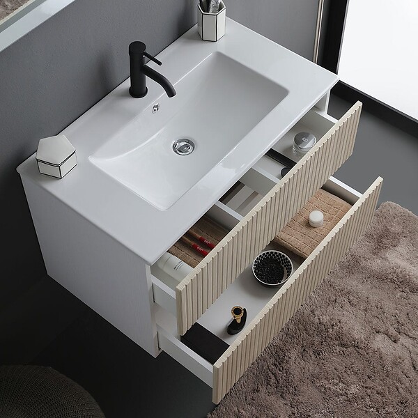 KIAMAMI VALENTINA - Meuble De Salle De Bains Cannelé 80Cm Blanc Et Chêne Avec Miroir 80X60 | Bilbao - large