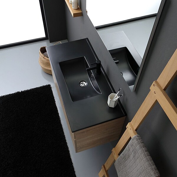 KIAMAMI VALENTINA - Meuble De Salle De Bain Suspendu 100Cm En Chêne Well Avec Lavabo En Noir Mat | Sole - large