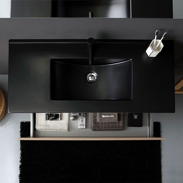 KIAMAMI VALENTINA - Meuble De Salle De Bain Suspendu 100Cm En Chêne Well Avec Lavabo En Noir Mat | Sole - large