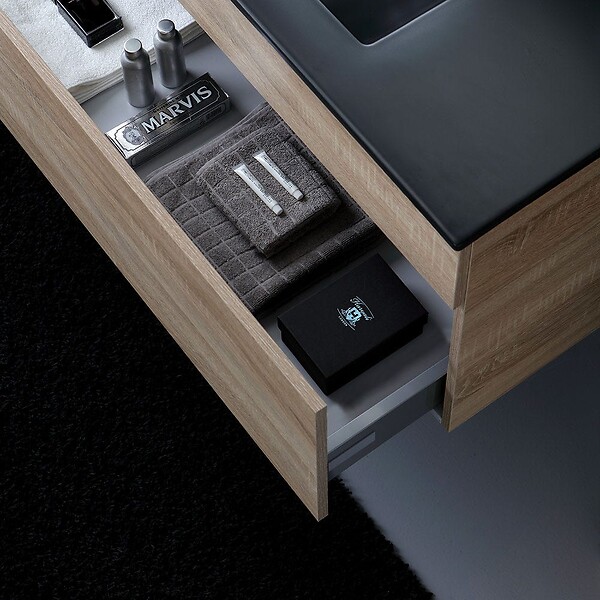 KIAMAMI VALENTINA - Meuble De Salle De Bain Suspendu 100Cm En Chêne Well Avec Lavabo En Noir Mat | Sole - large