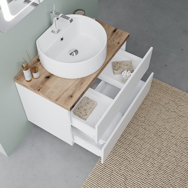 KIAMAMI VALENTINA - Meuble De Salle De Bains À Suspendre 80 Cm Blanc, Plan Et Comptoir En Chêne Lavabo | Elba - large