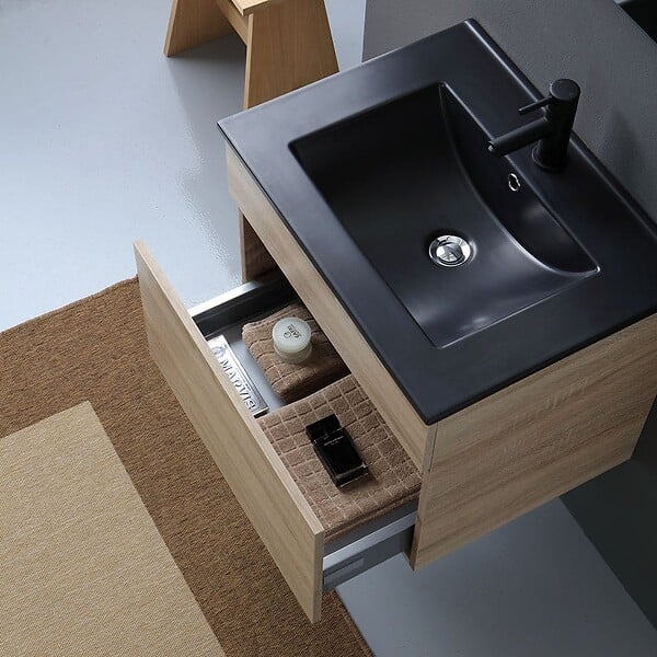 KIAMAMI VALENTINA - Meuble Suspendu Chêne Well Pour Salle De Bain 60Cm Avec Lavabo Noir Mat | Sole - large