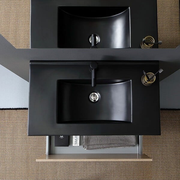 KIAMAMI VALENTINA - Meuble De Salle De Bain Suspendu 90 Cm Tiroir Aspect Bois Et Lavabo Noir | Sole - large