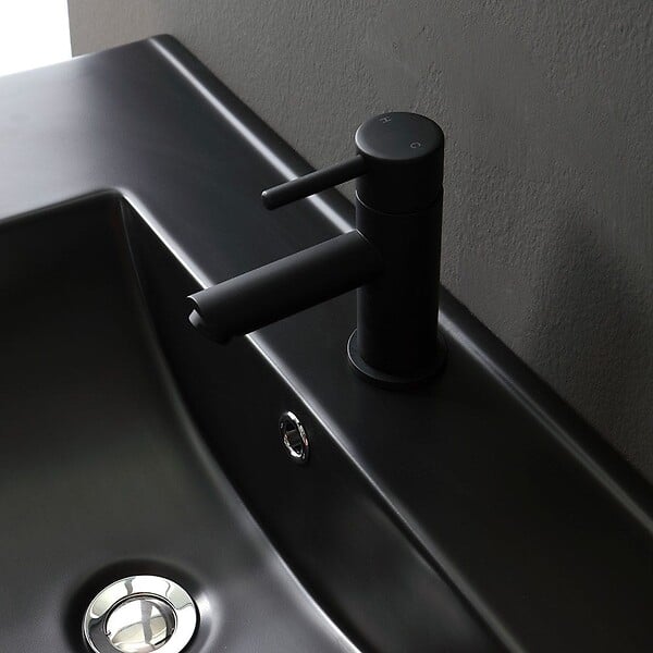 KIAMAMI VALENTINA - Meuble De Salle De Bain Suspendu 90 Cm Tiroir Aspect Bois Et Lavabo Noir | Sole - large