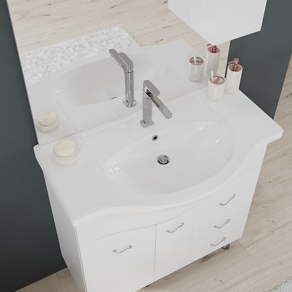 KIAMAMI VALENTINA - Meuble-Lavabo Salle De Bains 86 Cm, Miroir-Armoire Couleur Blanc - large