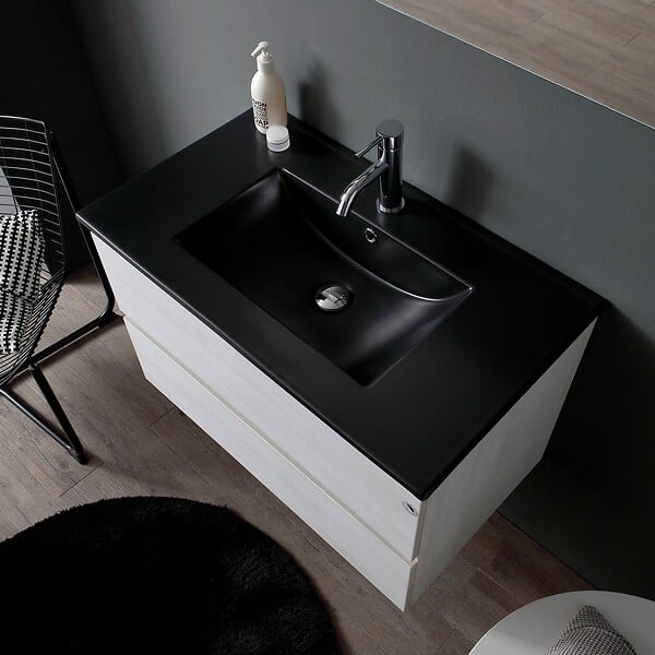 KIAMAMI VALENTINA - Meuble De Salle De Bain Suspendu 80Cm Blanc Avec Lavabo Noir Mat | Berlin - large