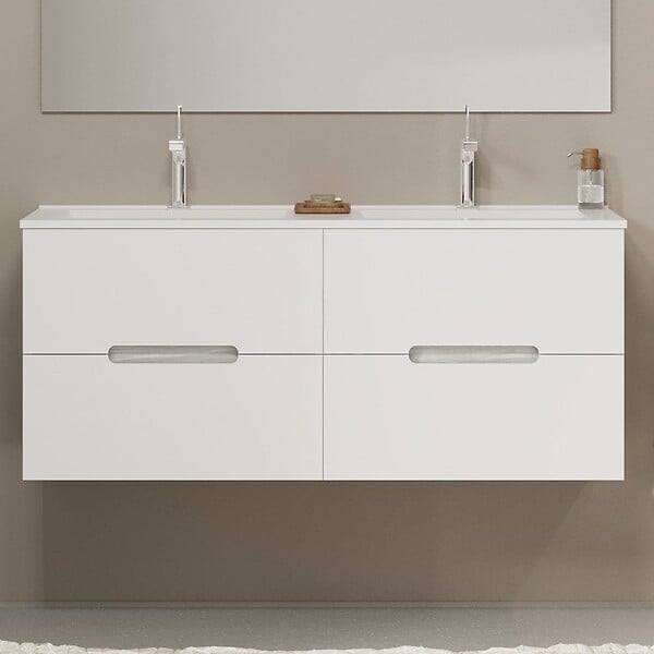 KIAMAMI VALENTINA - Meuble De Salle De Bain Blanc Et Gris 120Cm, 4 Tiroirs, Double Lavabo | Magnolia - large