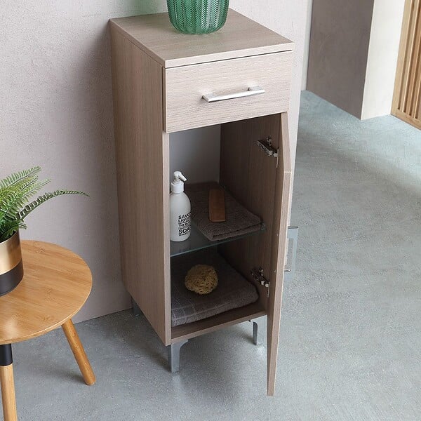KIAMAMI VALENTINA - Armoire De Salle De Bains Au Sol Avec Porte Et Tiroir En Chêne Naturel | Rimini - large