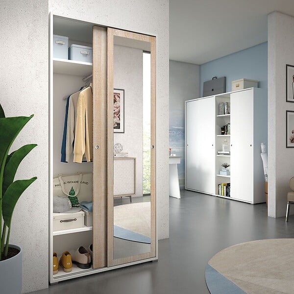 KIAMAMI VALENTINA - Armoire Blanche Et Chêne Avec Porte Miroir Et Porte-Manteau - large