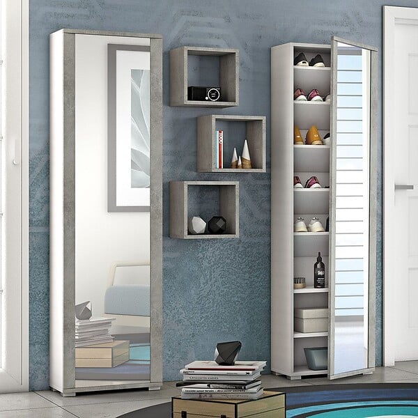 KIAMAMI VALENTINA - Armoire Haute H 182Cm Béton Gris Avec Miroir - large