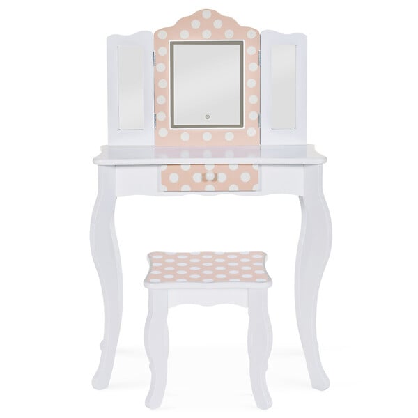 ID MARKET - Coiffeuse enfant ROZA LED blanche et rose avec 3 miroirs et tabouret - large