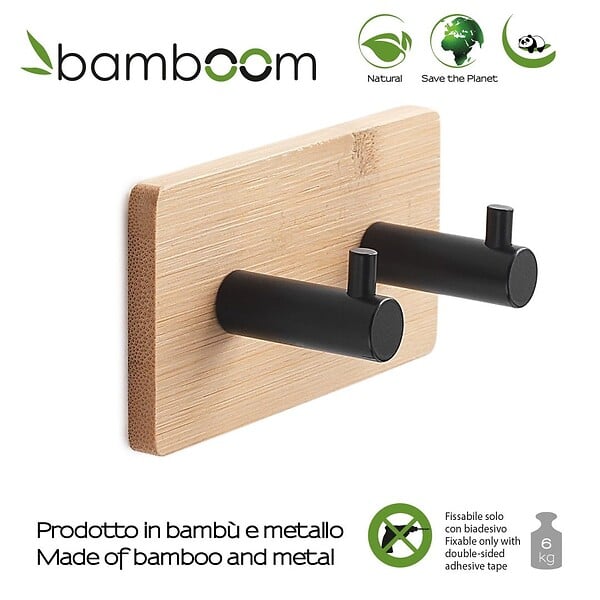 KIAMAMI VALENTINA - Porte-Manteau Adhésif En Bois De Bambou Naturel Et Métal Noir - large
