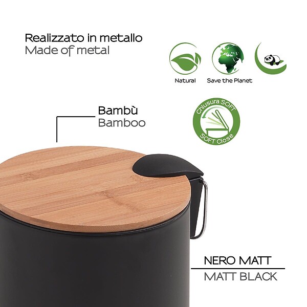 KIAMAMI VALENTINA - Poubelle Ronde De 5 Litres Pour Toilettes À Pédale Noir/Fermeture Souple Métal Et Bambou | Ortensia - large