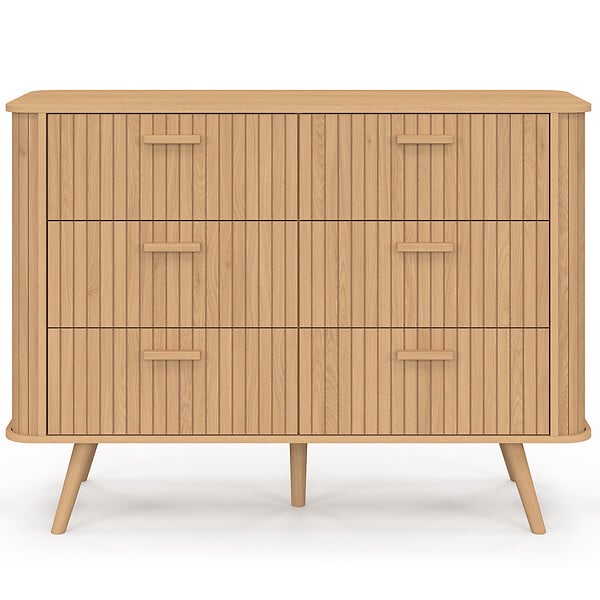 ID MARKET - Commode 6 tiroirs ROMIE 110 cm lattes tasseau bois coloris chêne - large