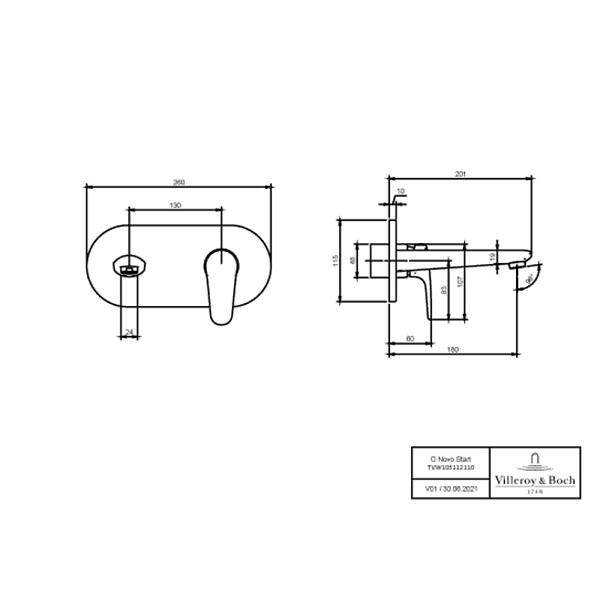 VILLEROY ET BOCH - Mitigeur lavabo mural  O.novo Start avec vidage Push Open chrome + corps encastré - large