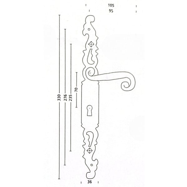 SECURY-T - Poignées de porte fer forgé COQ 330x36mm vieil argent à saillie rehaussée Trou de cylindre i 330X36 mm - large