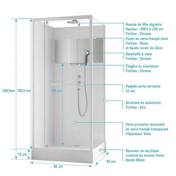 AURLANE - Cabine de Douche Carrée 90x90cm Porte Pivotante - Blanche - Bande Effet Miroir - SQUARE STRIPE - large