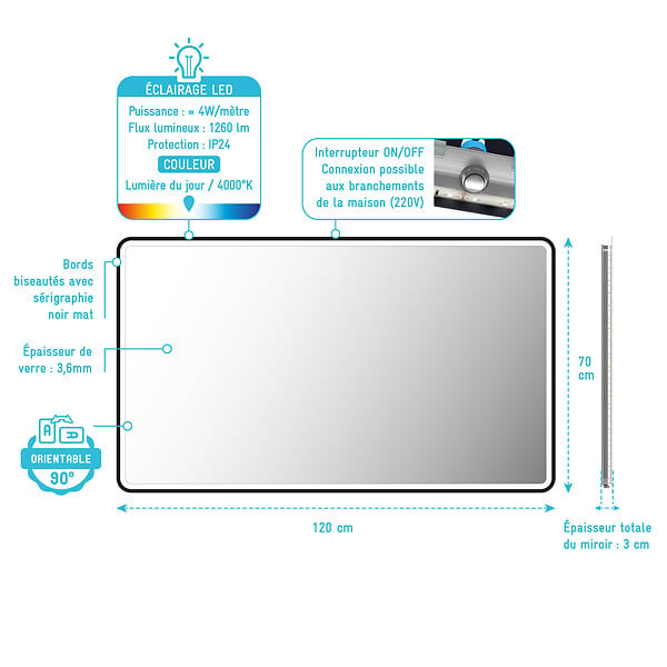 AURLANE - Miroir salle de bain avec eclairage LED et contour noir - 120x70cm - GO BLACK LED - large