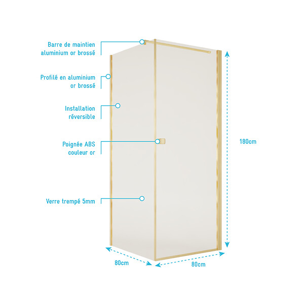 AURLANE - Porte de Douche Pivotante 80x180cm et Retour 80cm - Profil Or Brosse - Verre 5mm - GOLD ELEMENTARY - large