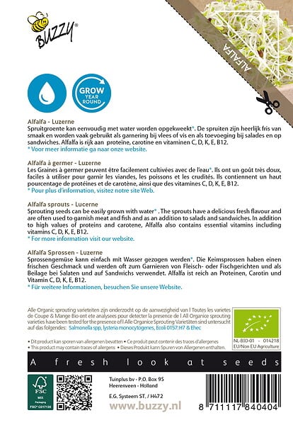 ARBORIX - Buzzy Organic Sprouting de Alfalfa Luzerne - Bio Semences - Ca. 30 gr (Livraison Gratuite) - large
